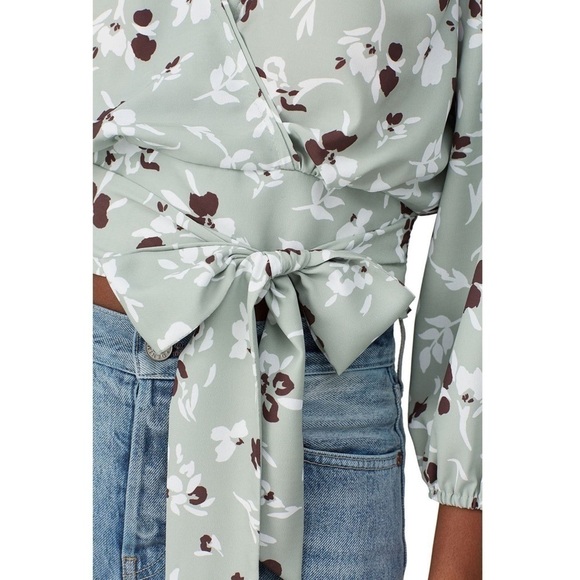 WILLOW 70s Sage Floral Print Wrap Tie Waist Puffed 3/4 Long Sleeve Crop Top XS - Picture 4 of 11